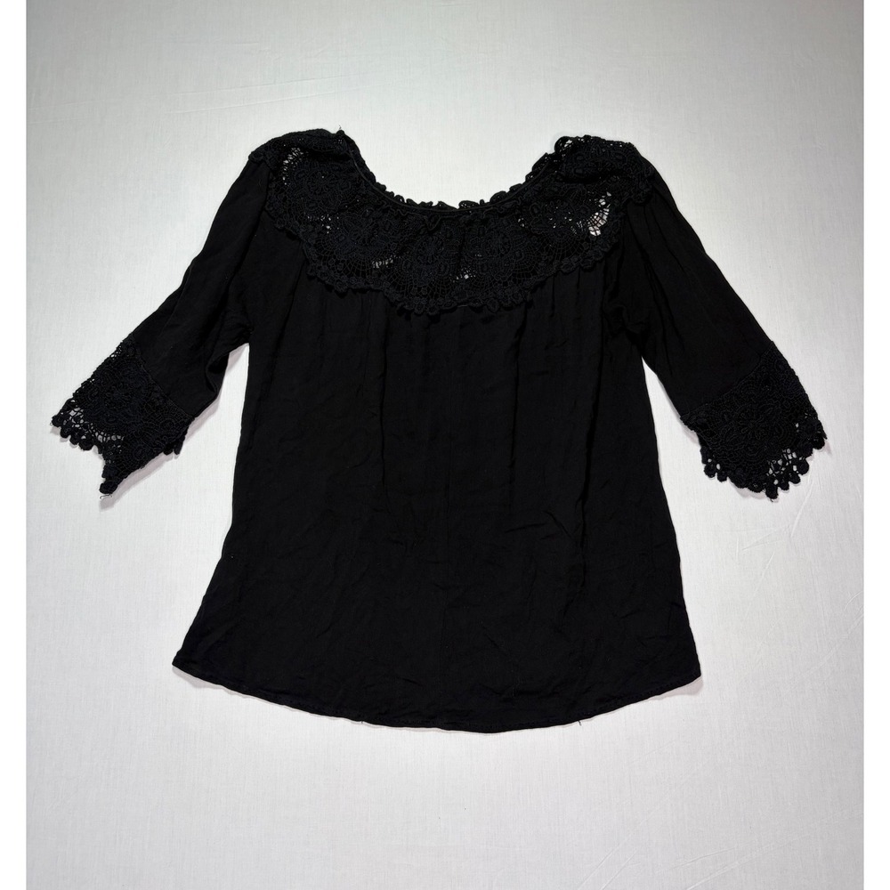 Entro Black Crochet Trim 3/4 Sleeve Blouse Top Boho Chic Women's Size Small